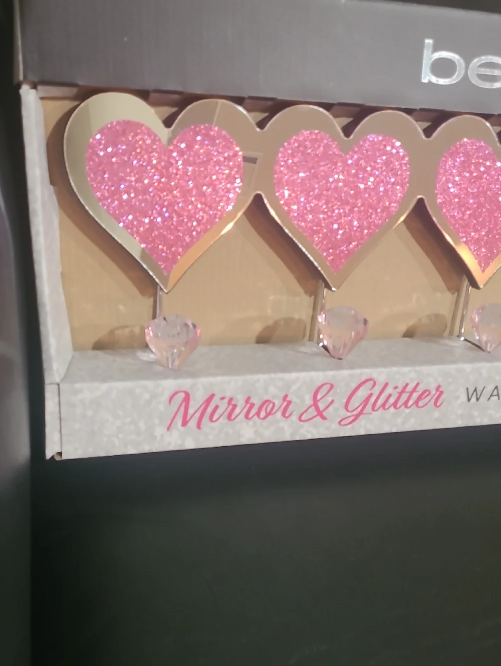 bebe Pink Mirror & Glitter Heart Wall Decor Jewel Hooks